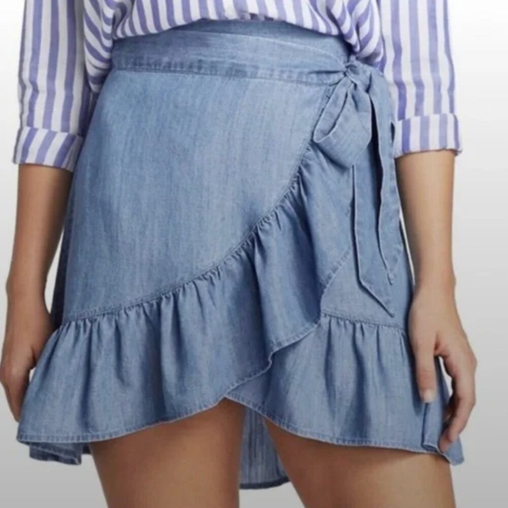 Rails Etienne Linen-Blend Denim Ruffled Wrap Mini Skirt - Size M